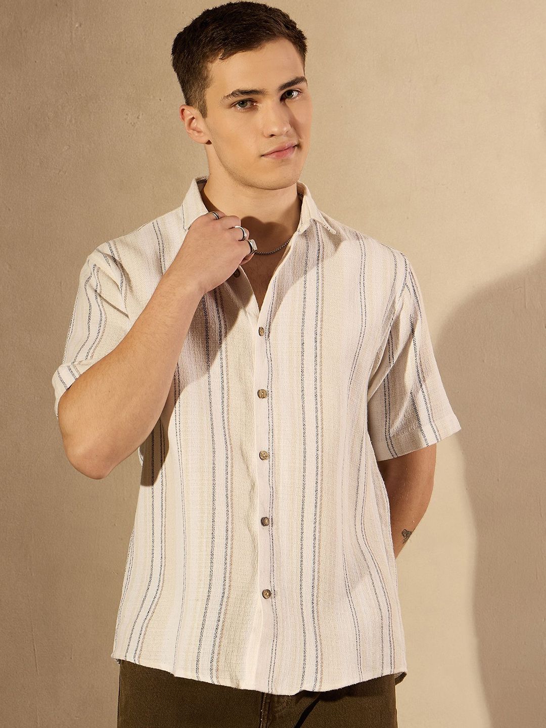 DENNISON Men Aspect Striped Oversized Cotton Shirt