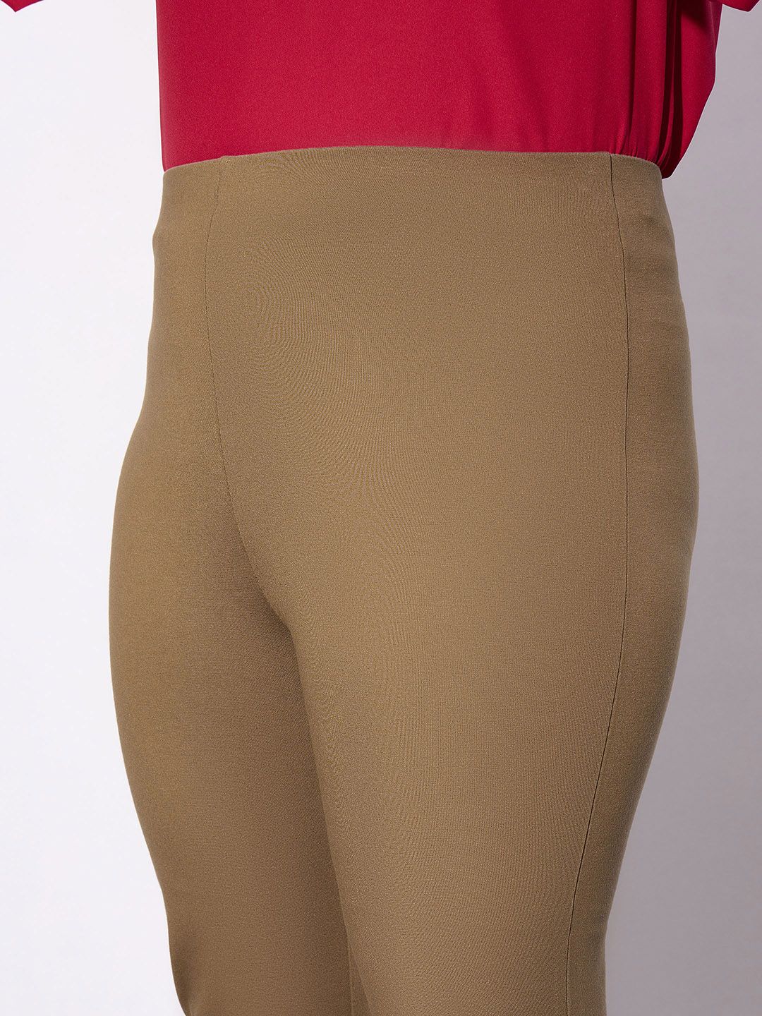 SASSAFRAS Curve Women Plus Size Beige Slim Fit Zip Detail Regular Trousers