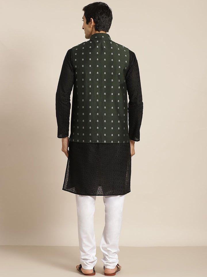 SOJANYA Men Black Chikankari Pure Cotton Kurta with Churidar & Nehru Jacket