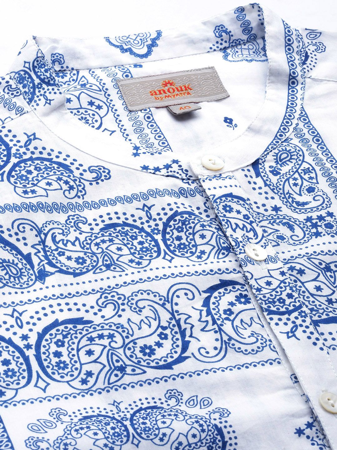 Anouk Men White And Blue Printed Pure Cotton Casual Shirt