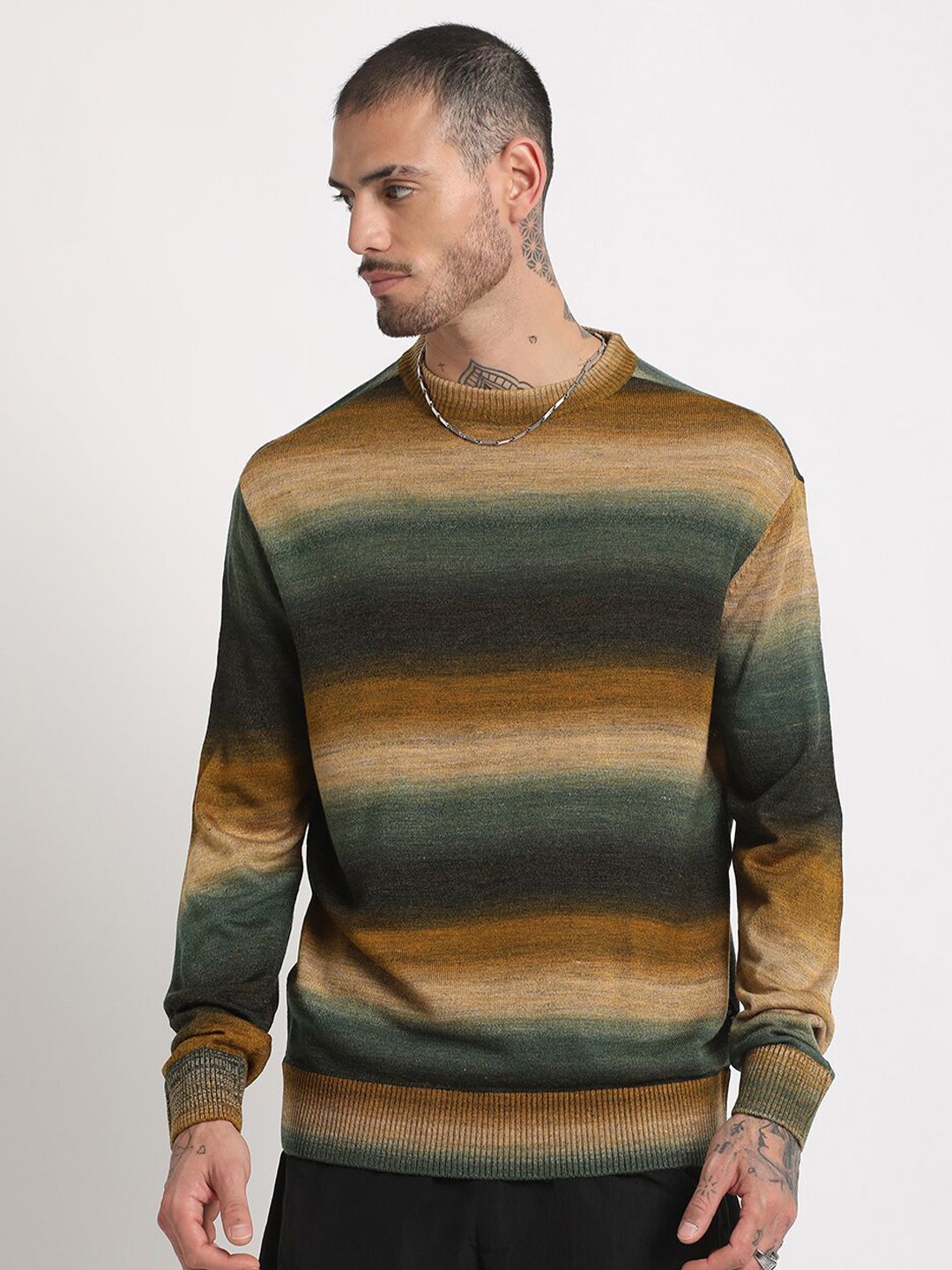 THE BEAR HOUSE Striped Drop-Shoulder Sleeves Acrylic Pullover Sweatshirt