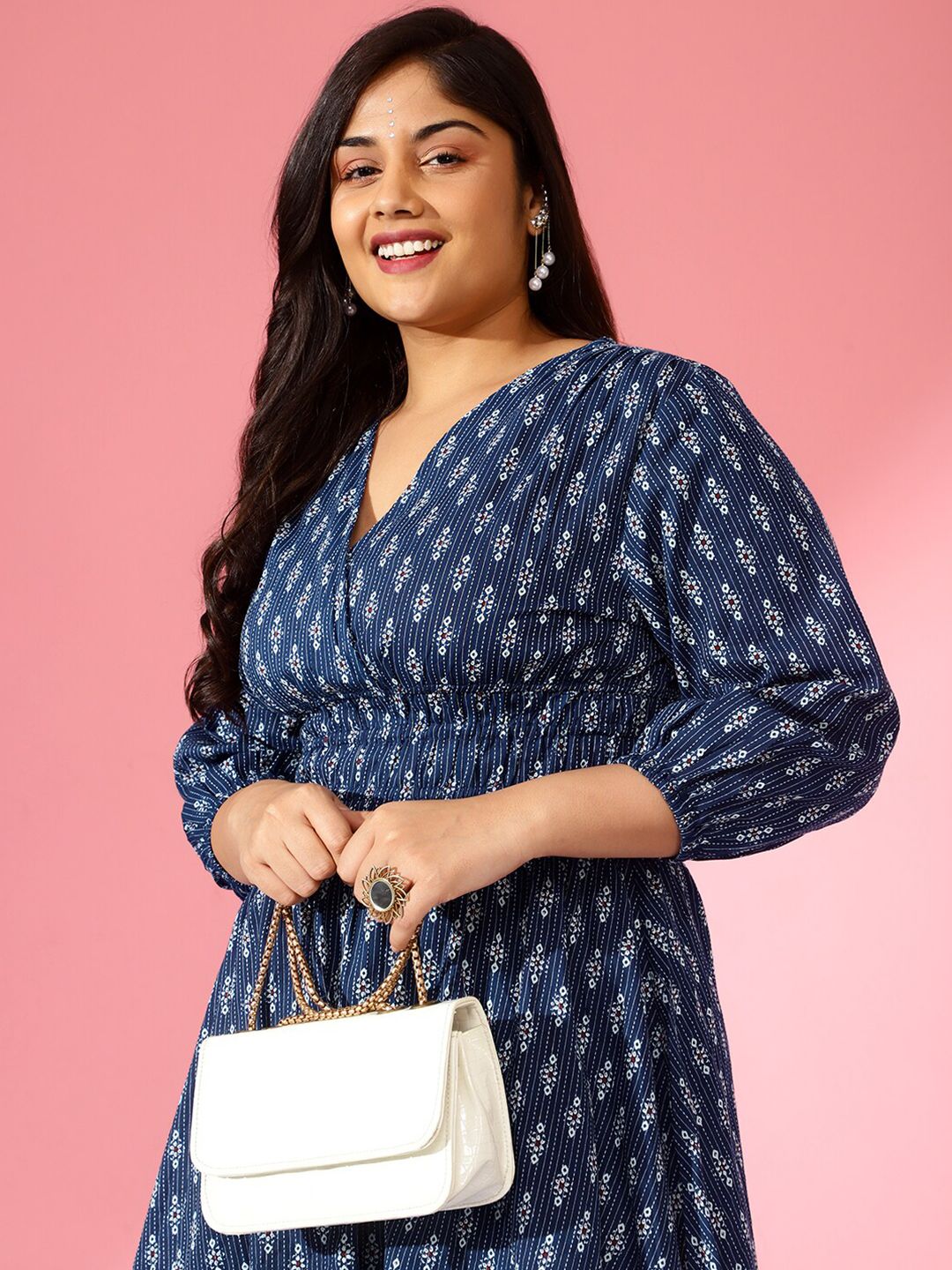 Bani Women Ethnic Motifs Printed Smocked Waist Puff Sleeve Fit & Flare Midi Dress