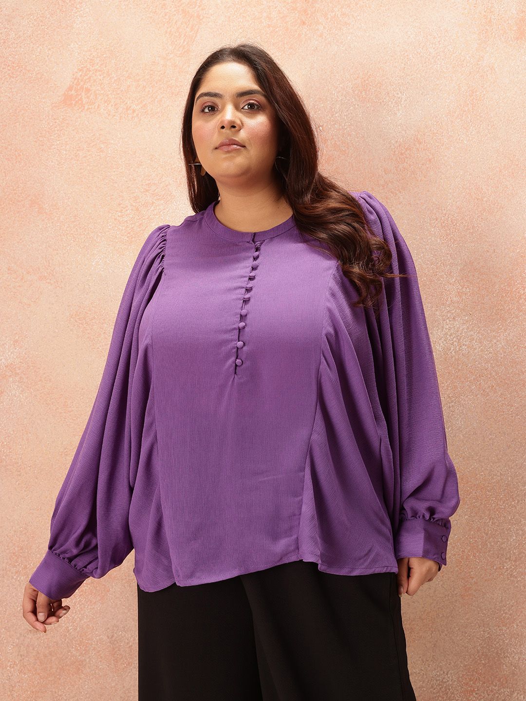 all about you Plus Size Puff Sleeves Shirt Style Longline Top