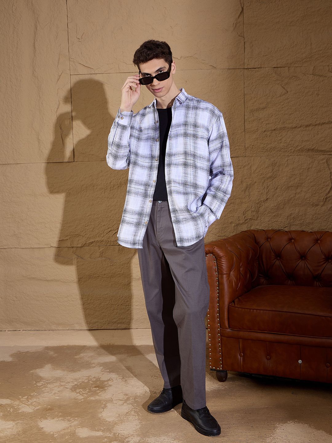 DENNISON Men Tartan Checked Drop shoulder Pure Cotton Oversized Shirt
