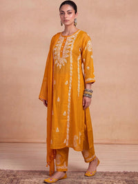 House of Chikankari Women Ethnic Motifs Embroidered Regular Thread Work Chanderi Silk Kurta with Trousers &
