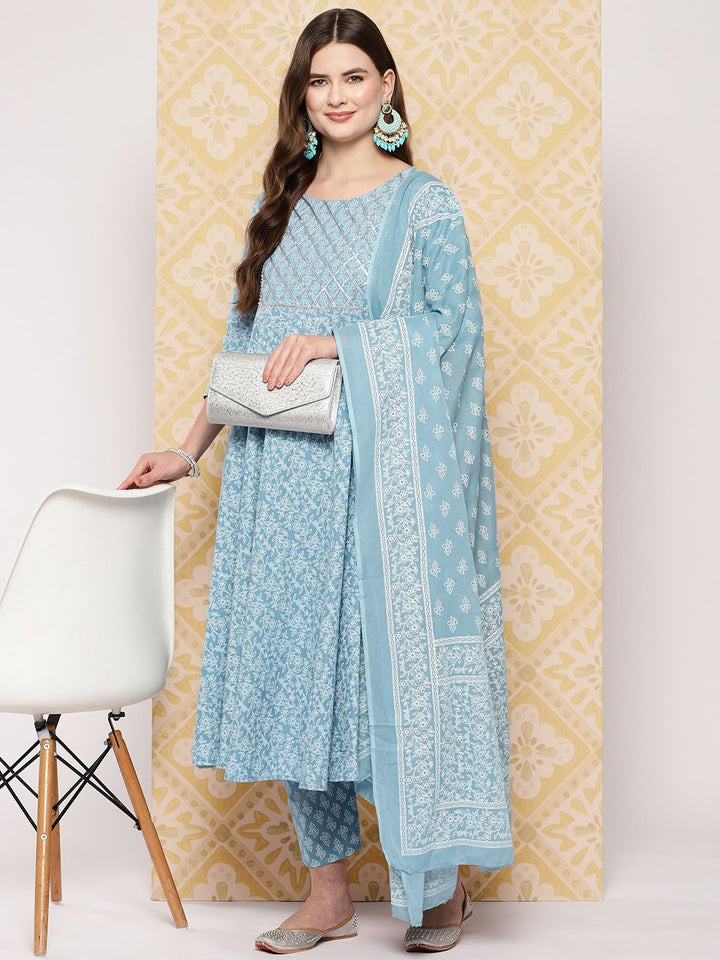 KALINI Women Ethnic Motifs Printed Regular Pure Cotton Kurta with Trousers & Dupatta