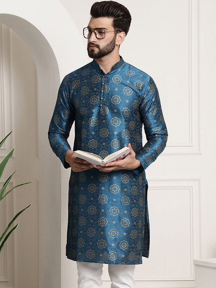 SOJANYA Men Teal Blue & Golden Ethnic Motifs Printed Kurta