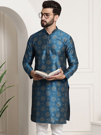 SOJANYA Men Teal Blue & Golden Ethnic Motifs Printed Kurta