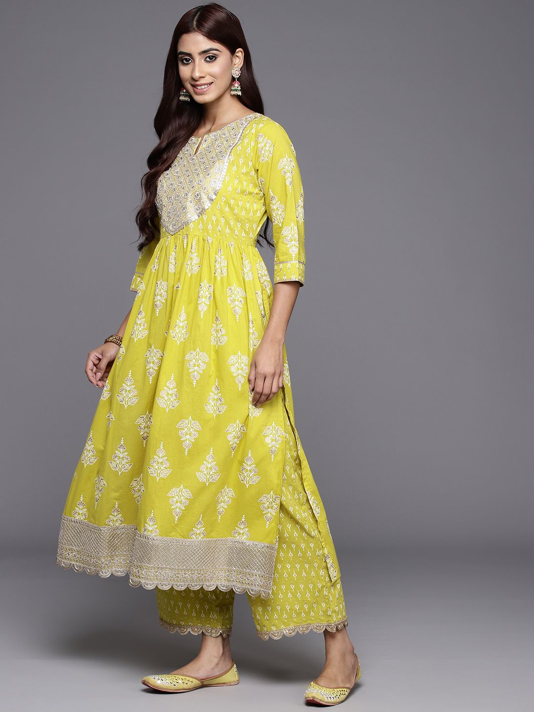 Libas Women Floral Yoke Design High Slit Pure Cotton Kurta with Palazzos & With Dupatta