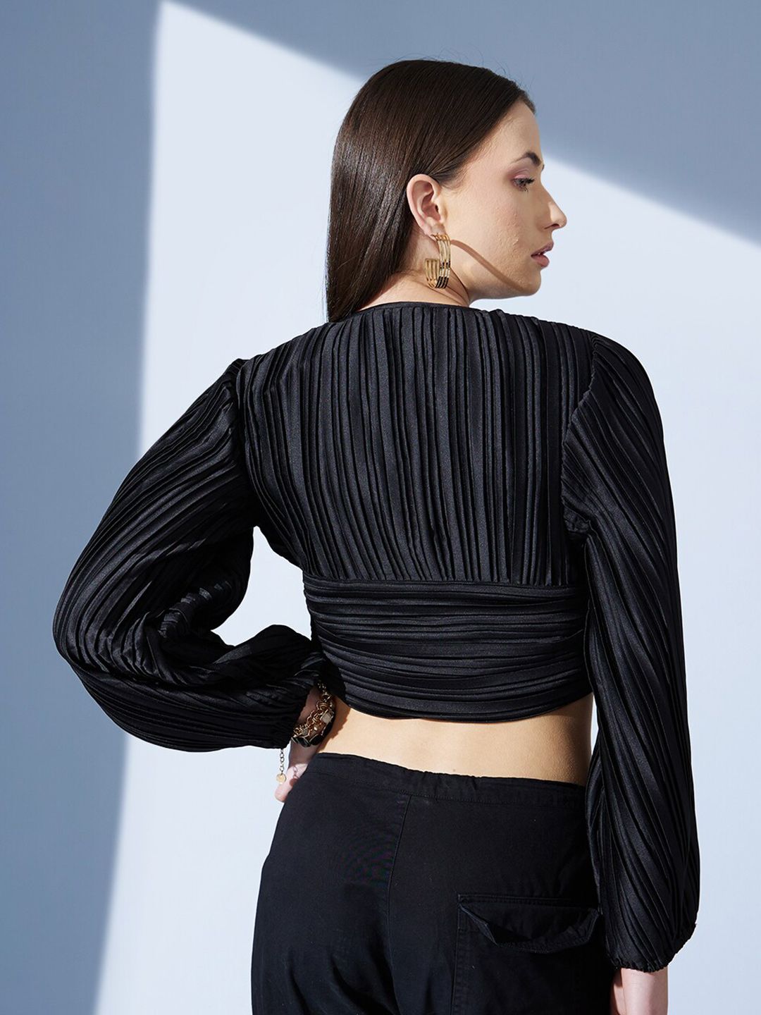 STREET 9 Black Bishop Sleeves Accordion Pleats Crop Top