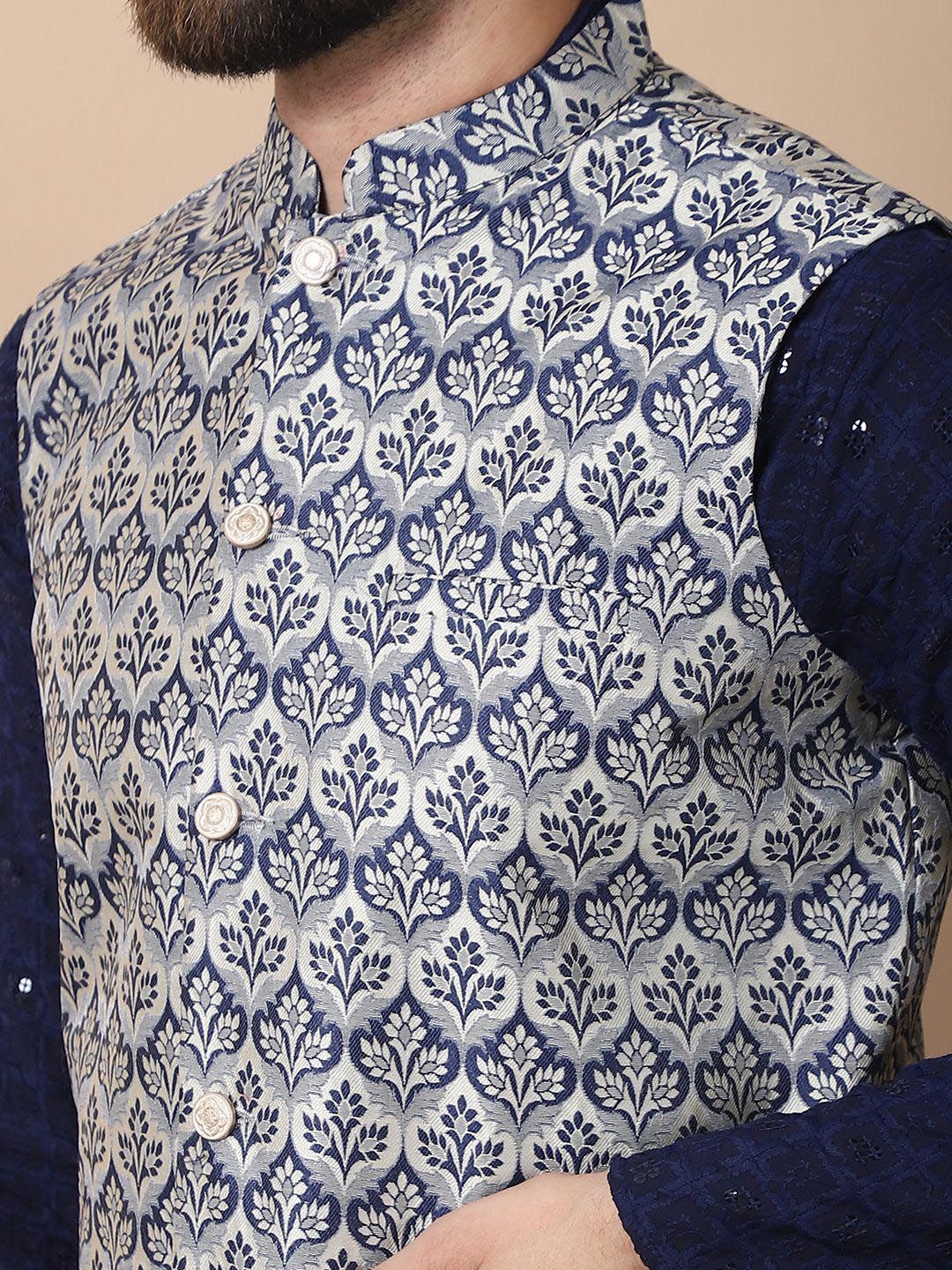 Kurta Kapas Tulen Sulaman Bunga Biru Laut Anouk dengan Jaket Churidar & Nehru