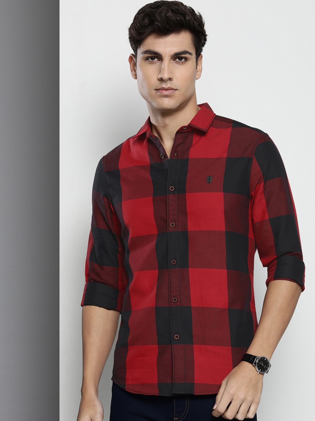 The Indian Garage Co Men Pure Cotton Windowpane Checked Casual Shirt
