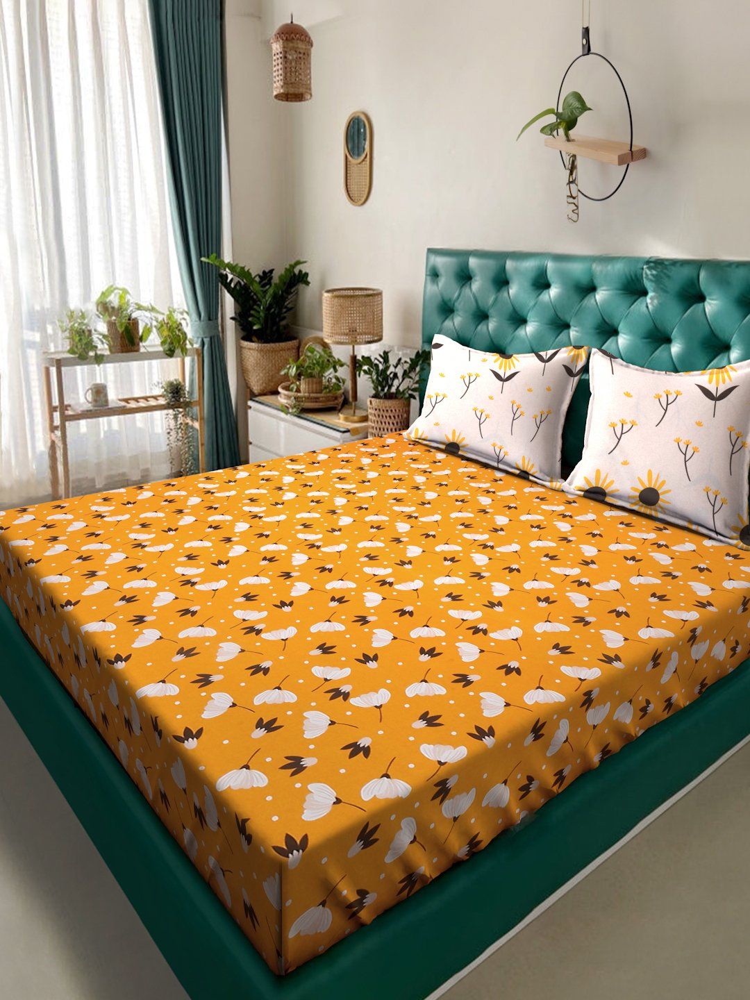 Myntra Elegant Homes Yellow & White Floral 300 TC King Bedsheet with 2 Pillow Covers