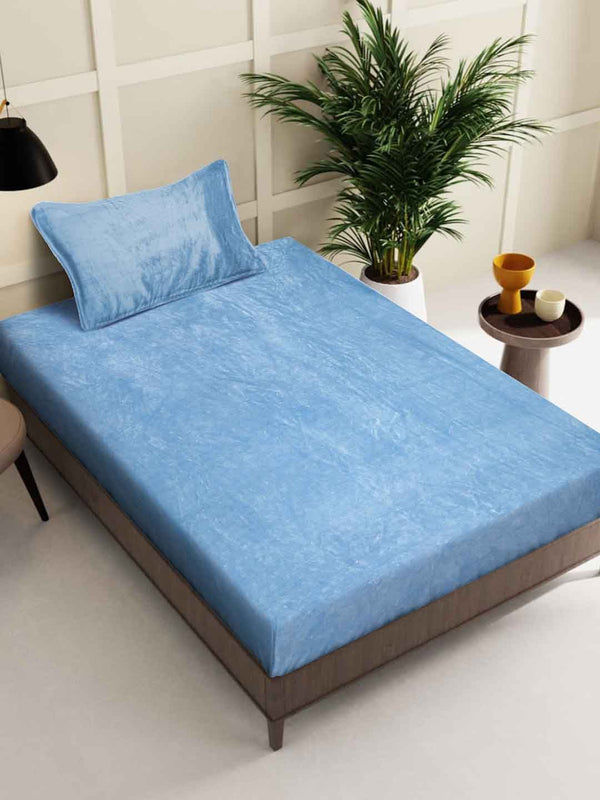 KLOTTHE Blue Woollen 300TC Single Bedsheet With Pillow Cover