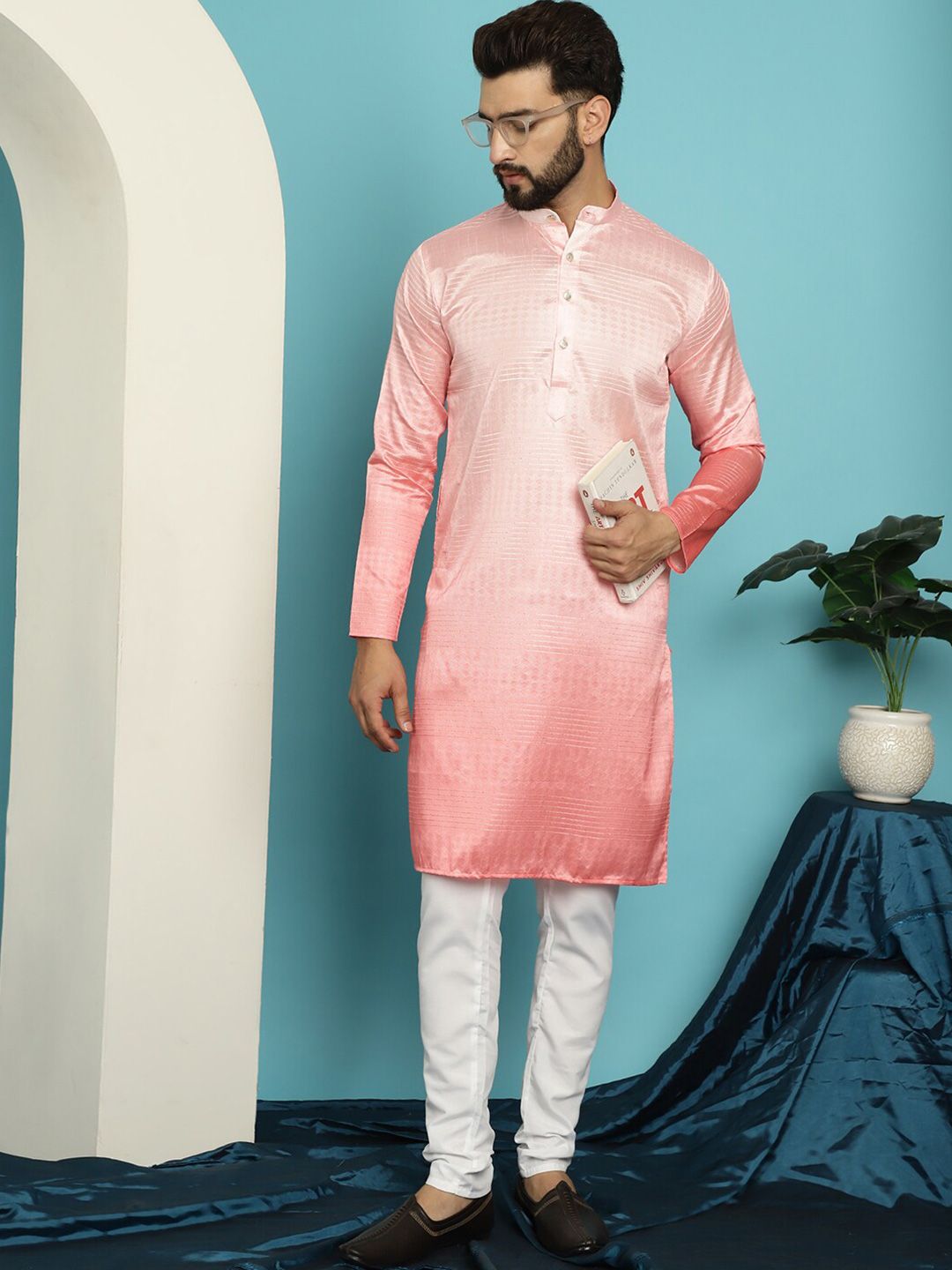 SOJANYA Geometric Woven Design Band Collar Jacquard Silk Kurta With Churidar