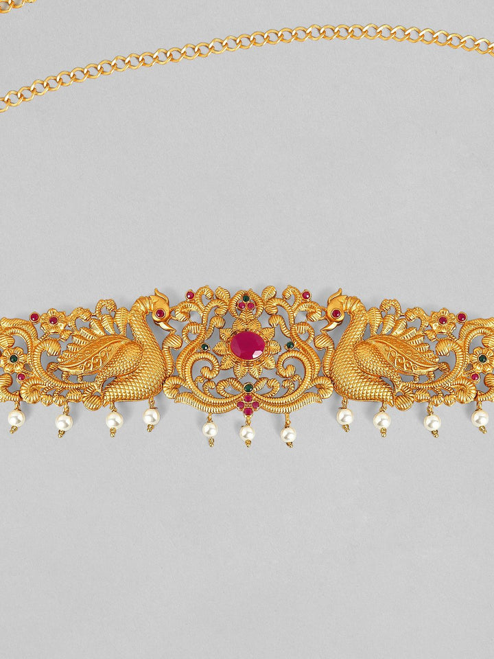 Rubans 24K Gold Plated Ruby dengan Rantaian Pakaian Pakul Paking Kamarbandh dengan Mutiara Drop