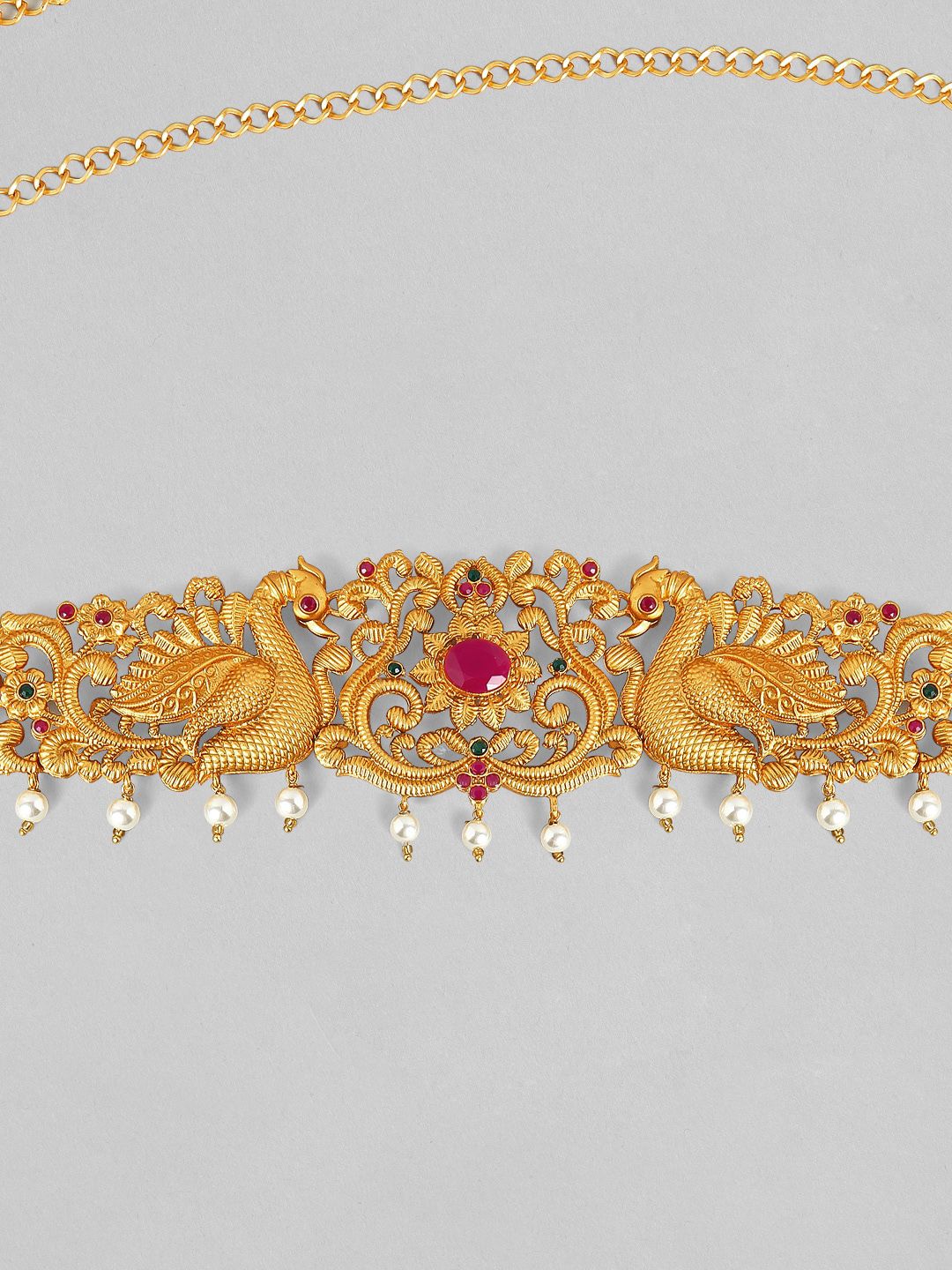 Rubans 24K Gold Plated Ruby dengan Rantaian Pakaian Pakul Paking Kamarbandh dengan Mutiara Drop