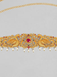 Rubans 24K Gold Plated Ruby dengan Rantaian Pakaian Pakul Paking Kamarbandh dengan Mutiara Drop
