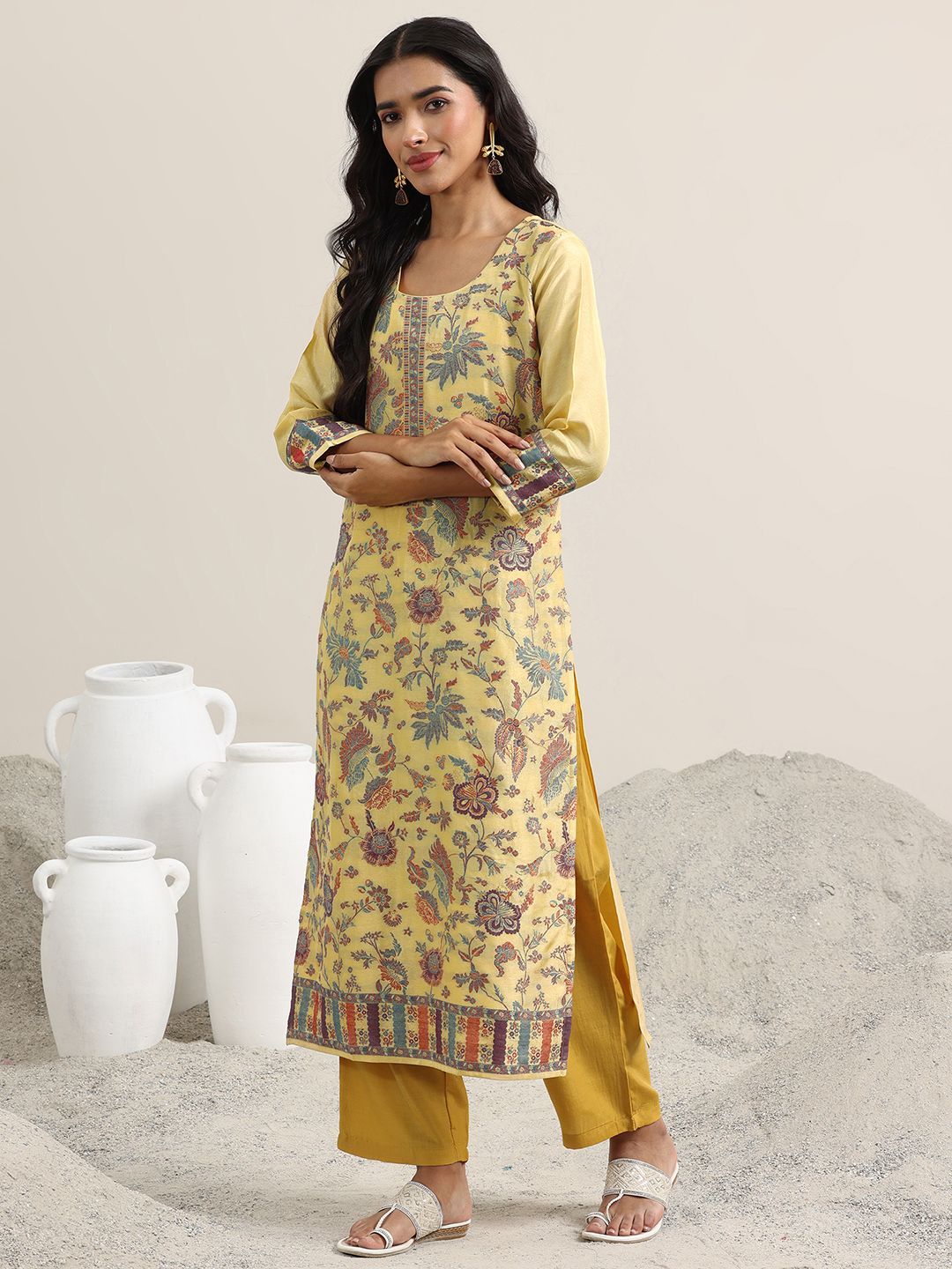 Libas Floral Woven Design Round Neck Regular Straight Kurta With Trousers & Dupatta