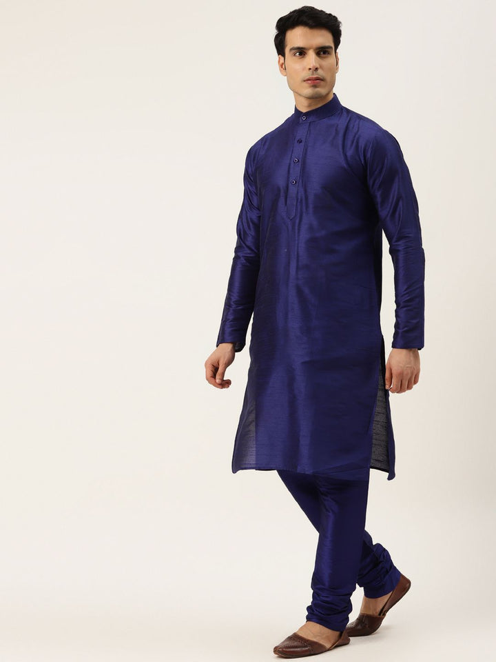 SOJANYA Men Navy Blue Solid Kurta with Churidar & Nehru Jacket