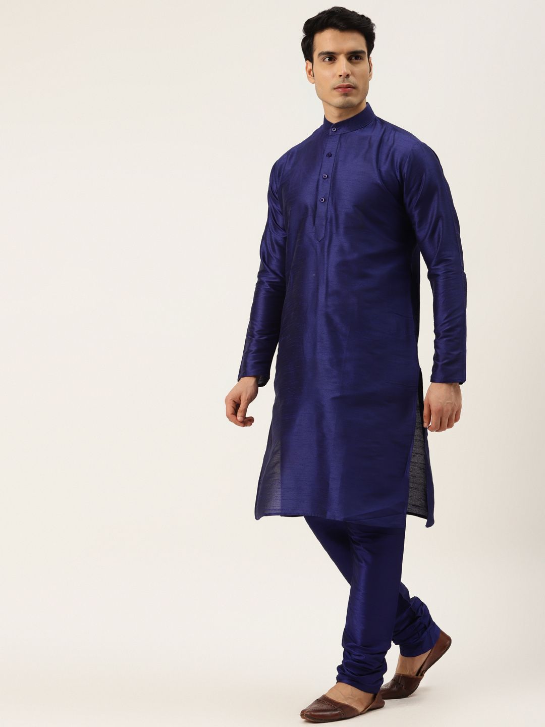 SOJANYA Men Navy Blue Solid Kurta with Churidar & Nehru Jacket