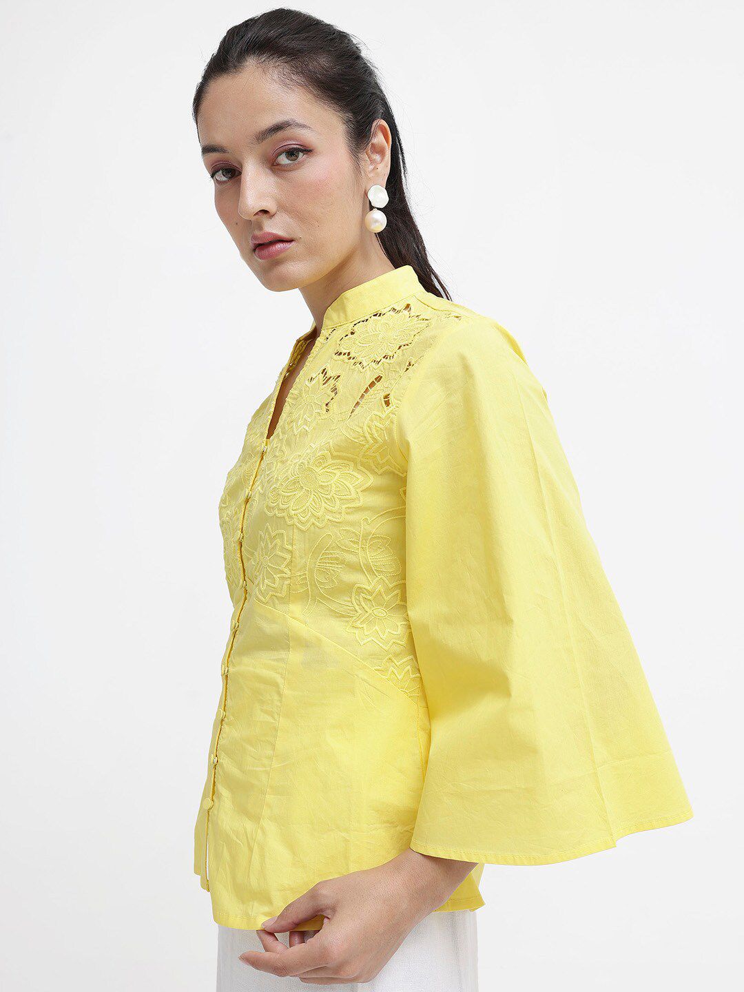 RAREISM Self Design Mandarin Collar Flared Sleeve Cotton Top