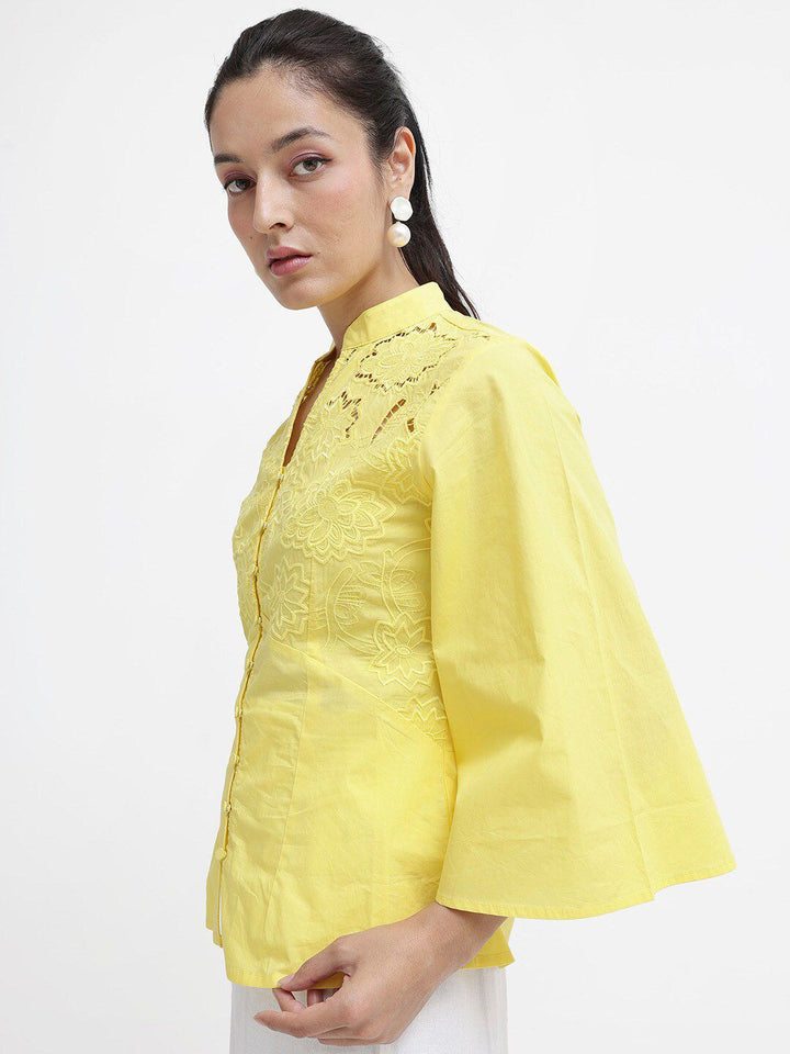 RAREISM Self Design Mandarin Collar Flared Sleeve Cotton Top