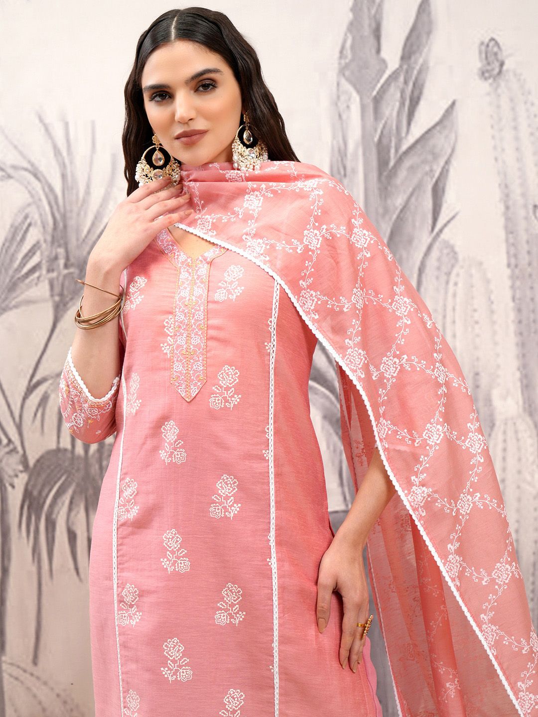 Vishudh Pink Floral Printed V-Neck Pure Cotton Straight Kurta With Trousers & Dupatta