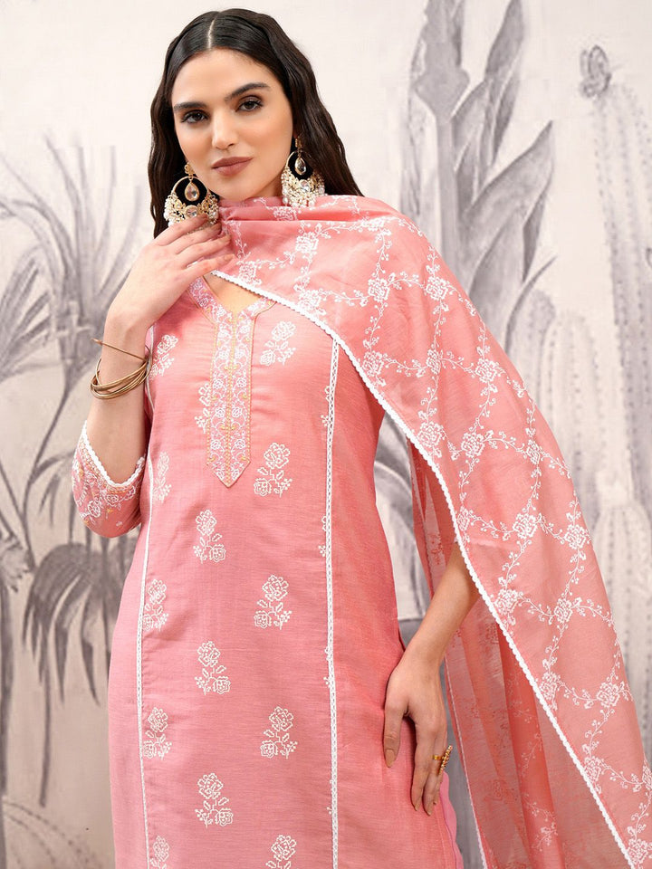 Vishudh Pink Floral Printed V-Neck Pure Cotton Straight Kurta With Trousers & Dupatta