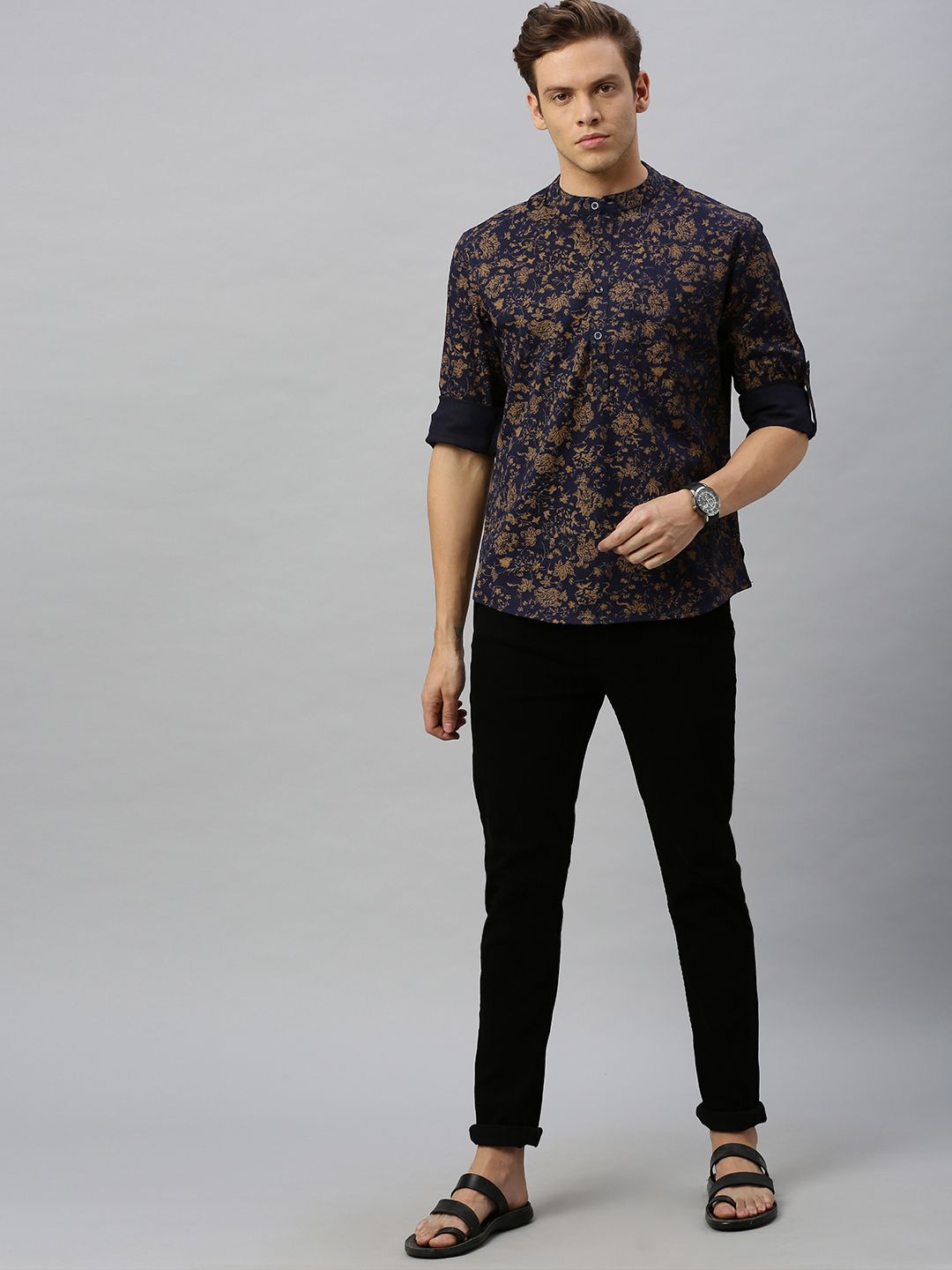 Anouk Men Navy Blue & Beige Floral Dicetak Lurus Pendek Kurta