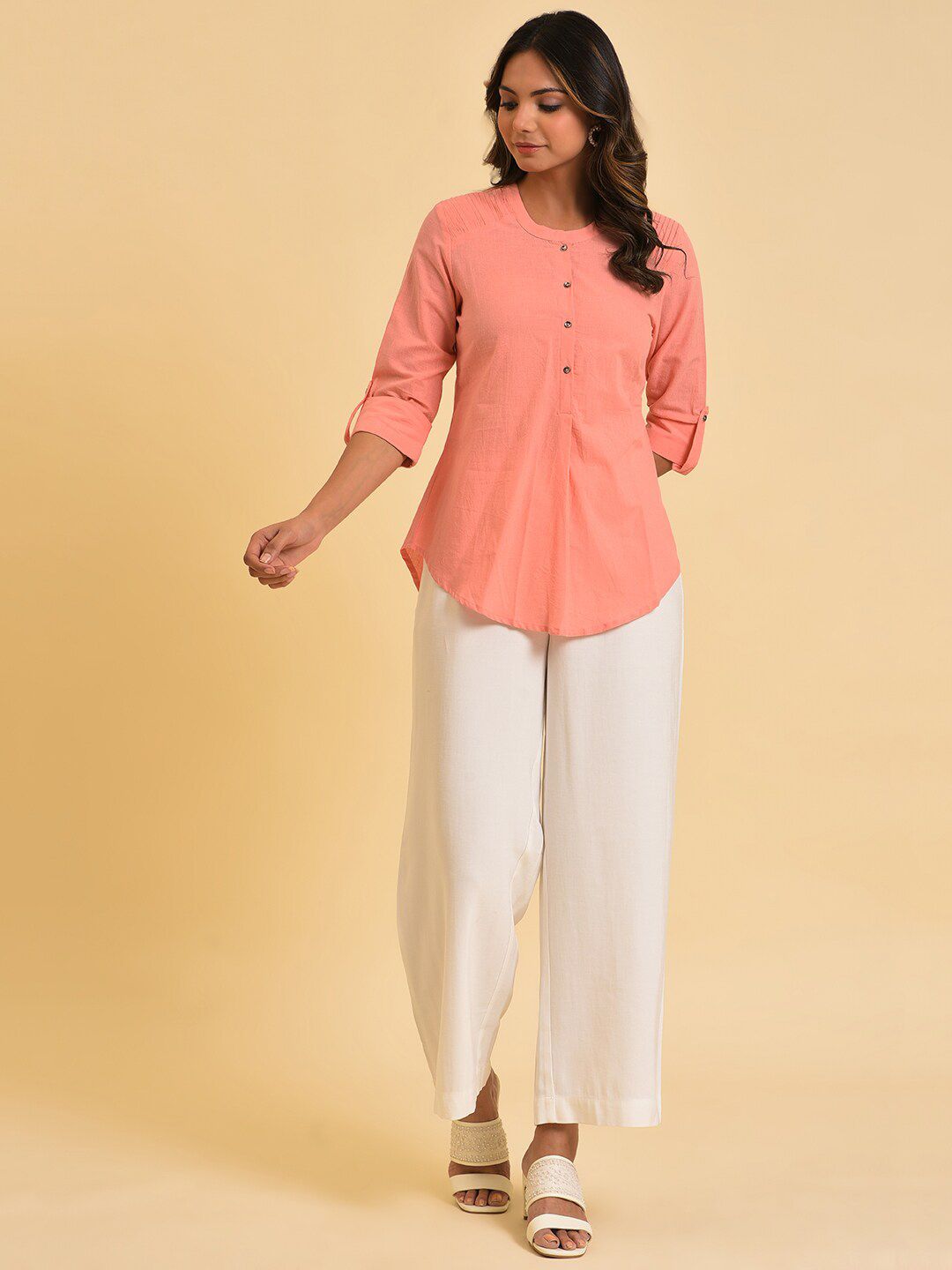 W Peach-Coloured Cotton Shirt Style Top