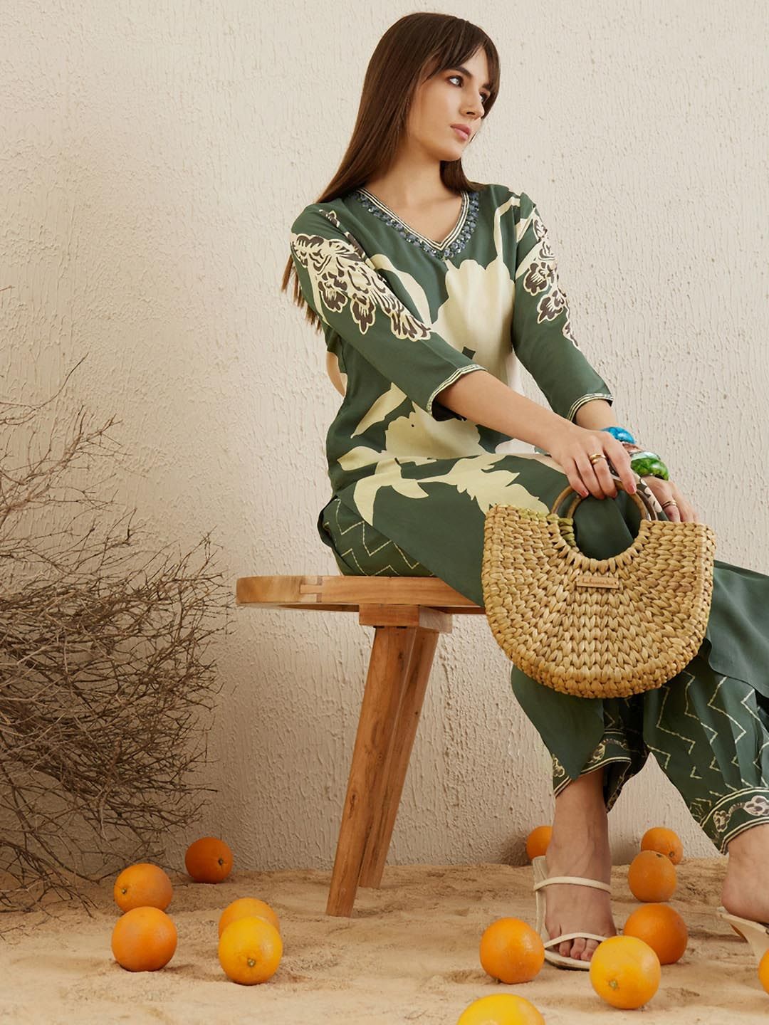 Indo Era Floral Printed V-Neck Sequinned Straight Kurta with Salwar