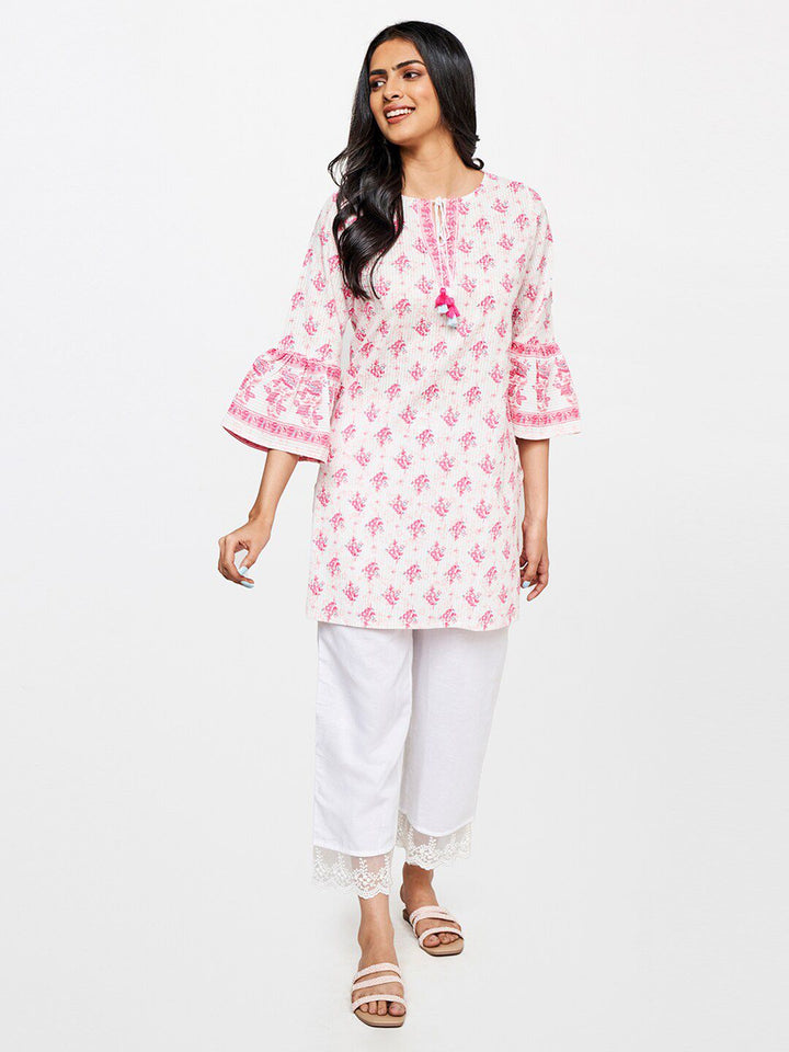 Global Desi Floral Printed Bell Sleeves Pure Cotton Kurti