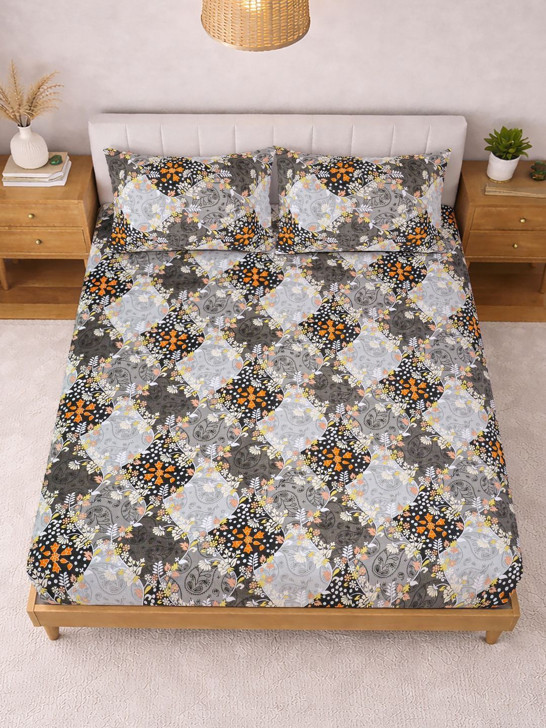 Myntra Elegant Homes Grey & Orange Floral 300 TC King Double Bedsheet with 2 Pillow Covers