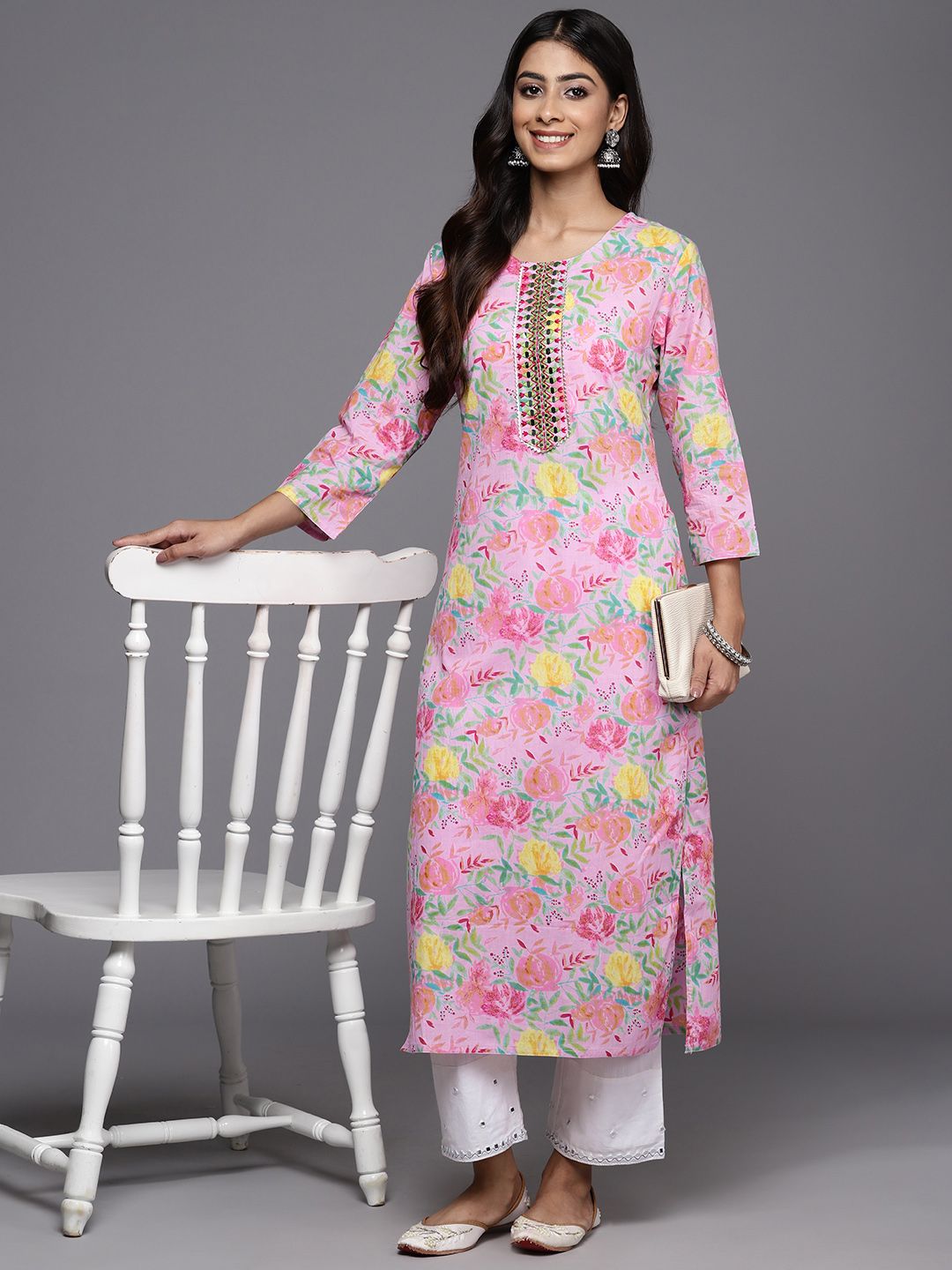 Varanga Floral Printed Mirror Work Pure Cotton Kurta
