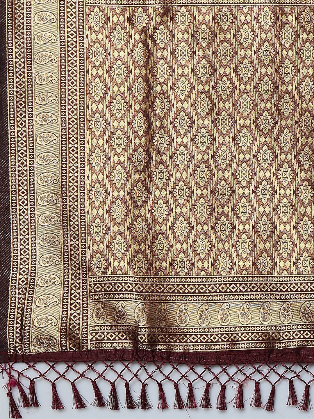 Mitera Brown & Gold-Coloured Ethnic Motifs Woven Design Silk Blend Banarasi Saree