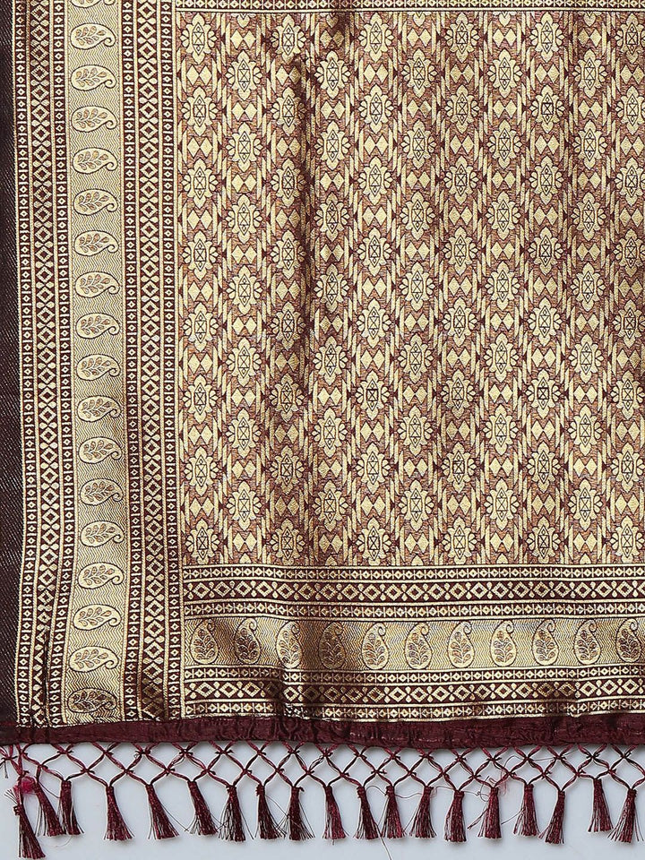 Mitera Brown & Gold-Coloured Ethnic Motifs Woven Design Silk Blend Banarasi Saree