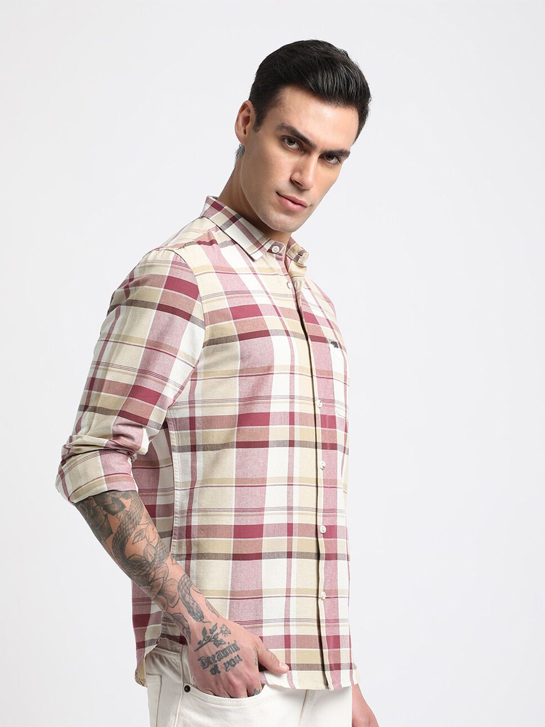THE BEAR HOUSE Slim Fit Tartan Checked Spread Collar Cotton Casual Shirt