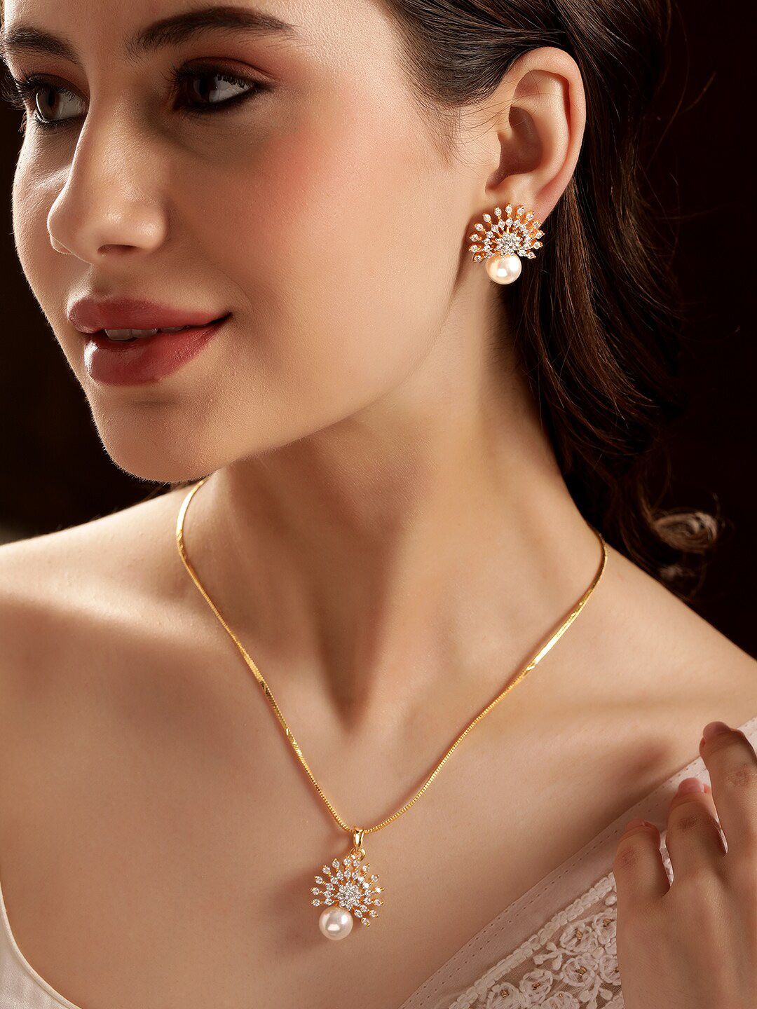 Rubans 22K Gold-Plated Cubic Zirconia and Pearl Studded Necklace Set with Sunburst Design