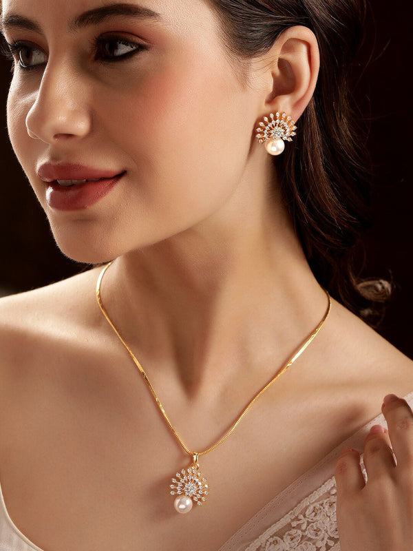 Rubans 22K Gold-Plated Cubic Zirconia and Pearl Studded Necklace Set with Sunburst Design
