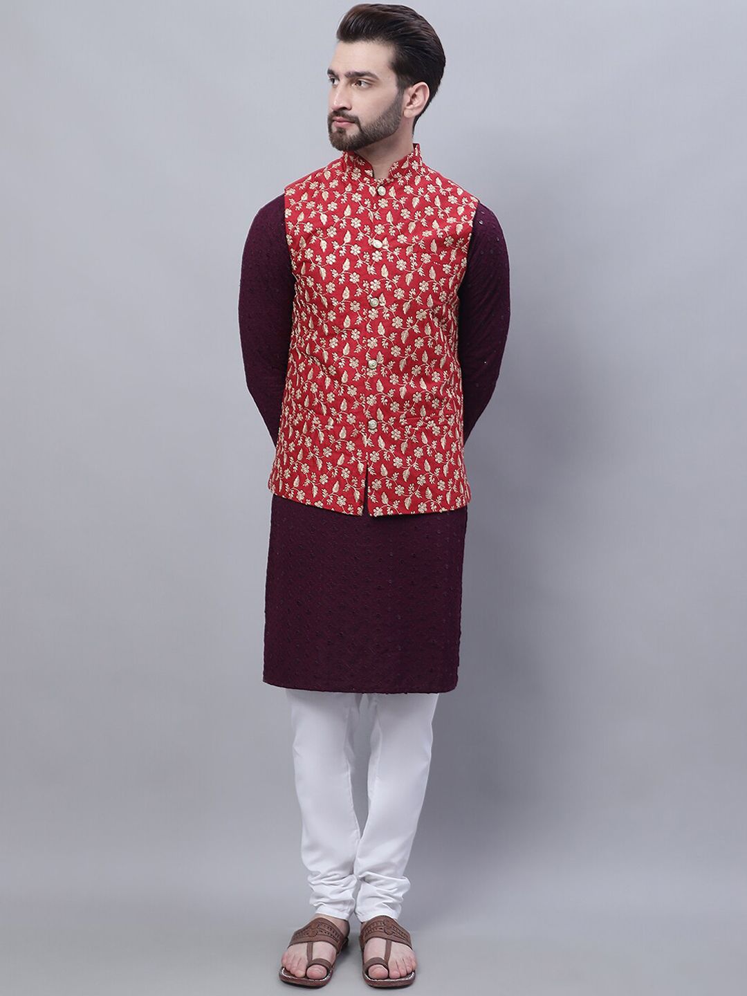 SOJANYA Mandarin Collar Embroidered Pure Cotton Kurta with Churidar & Nahru Jacket