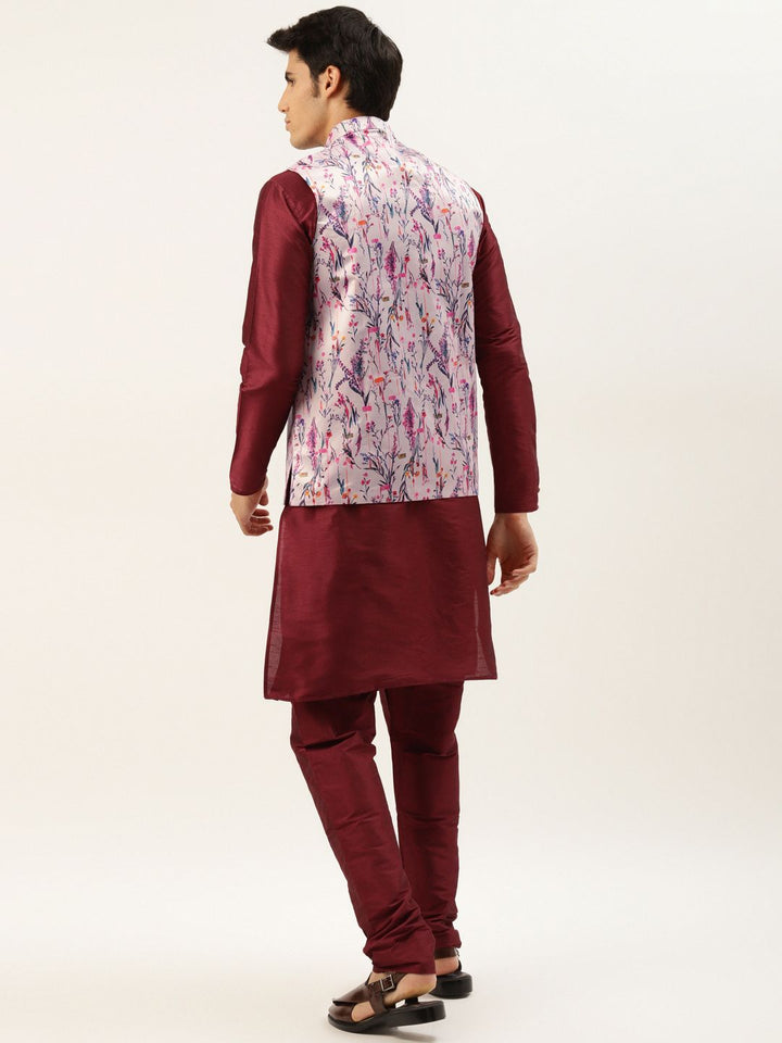 SOJANYA Men Maroon & Pink Kurta with Churidar And Nehru Jacket