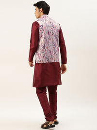 SOJANYA Men Maroon & Pink Kurta with Churidar And Nehru Jacket