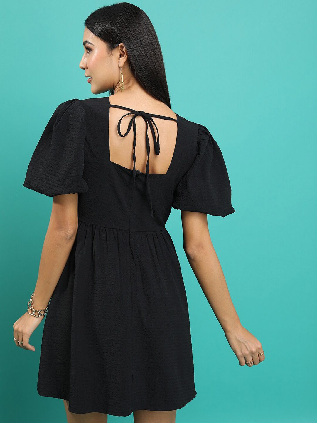 Tokyo Talkies Square Neck Puff Sleeve Gathered Fit & Flare Dress