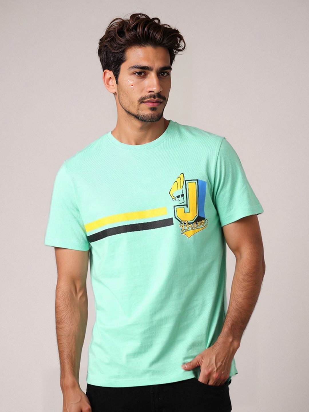 The Indian Garage Co Men Johnny Bravo Striped Round Neck Cotton Slim Fit T-shirt