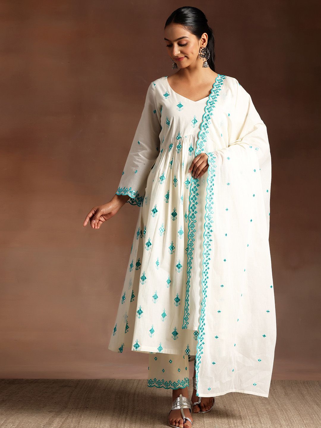 Libas Floral Embroidered Empire Thread Work Pure Cotton Kurta With Trousers & Dupatta