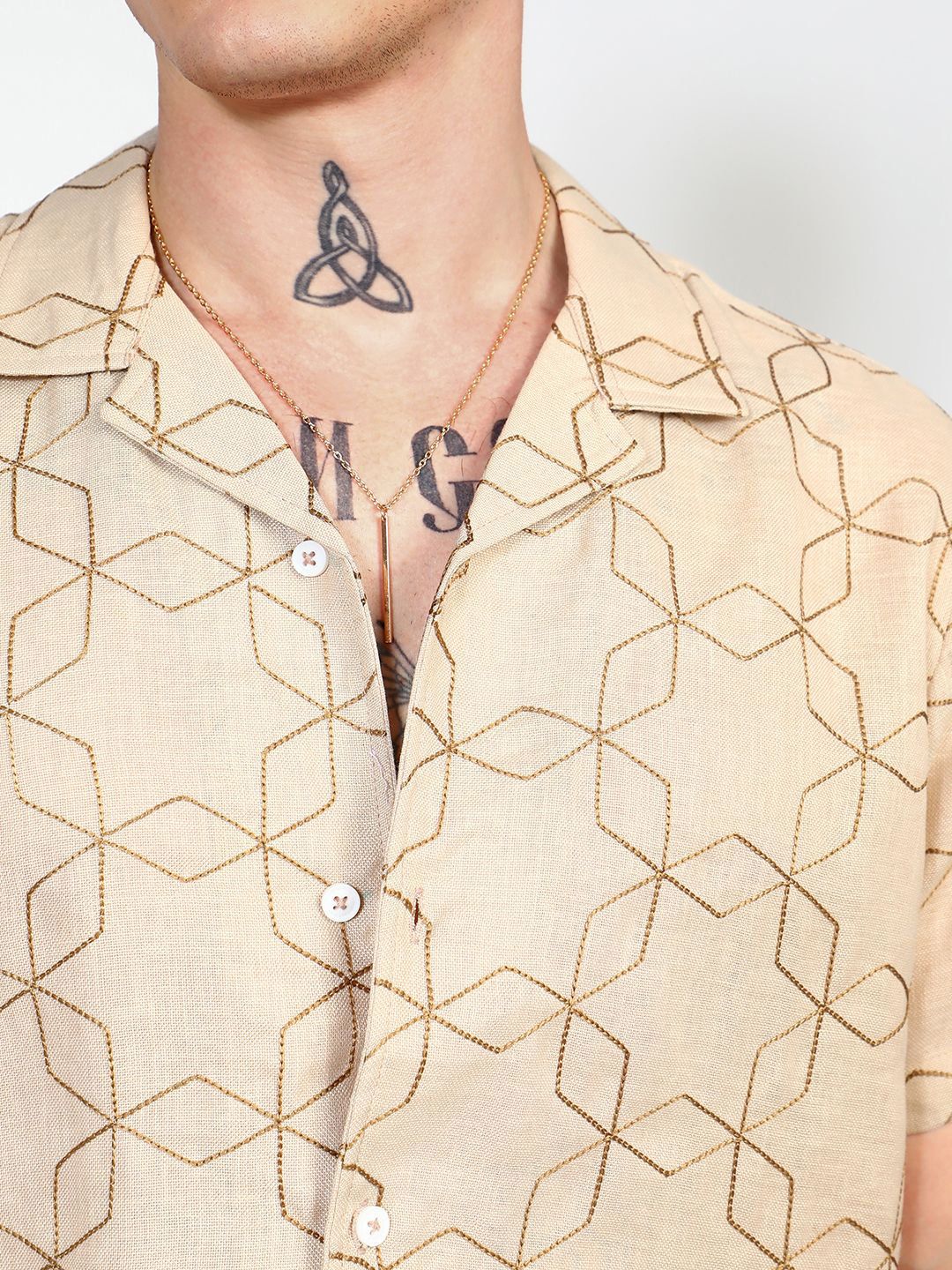Campus Sutra Men Comfort Geometric Embroidered Cuban Collar Casual Shirt