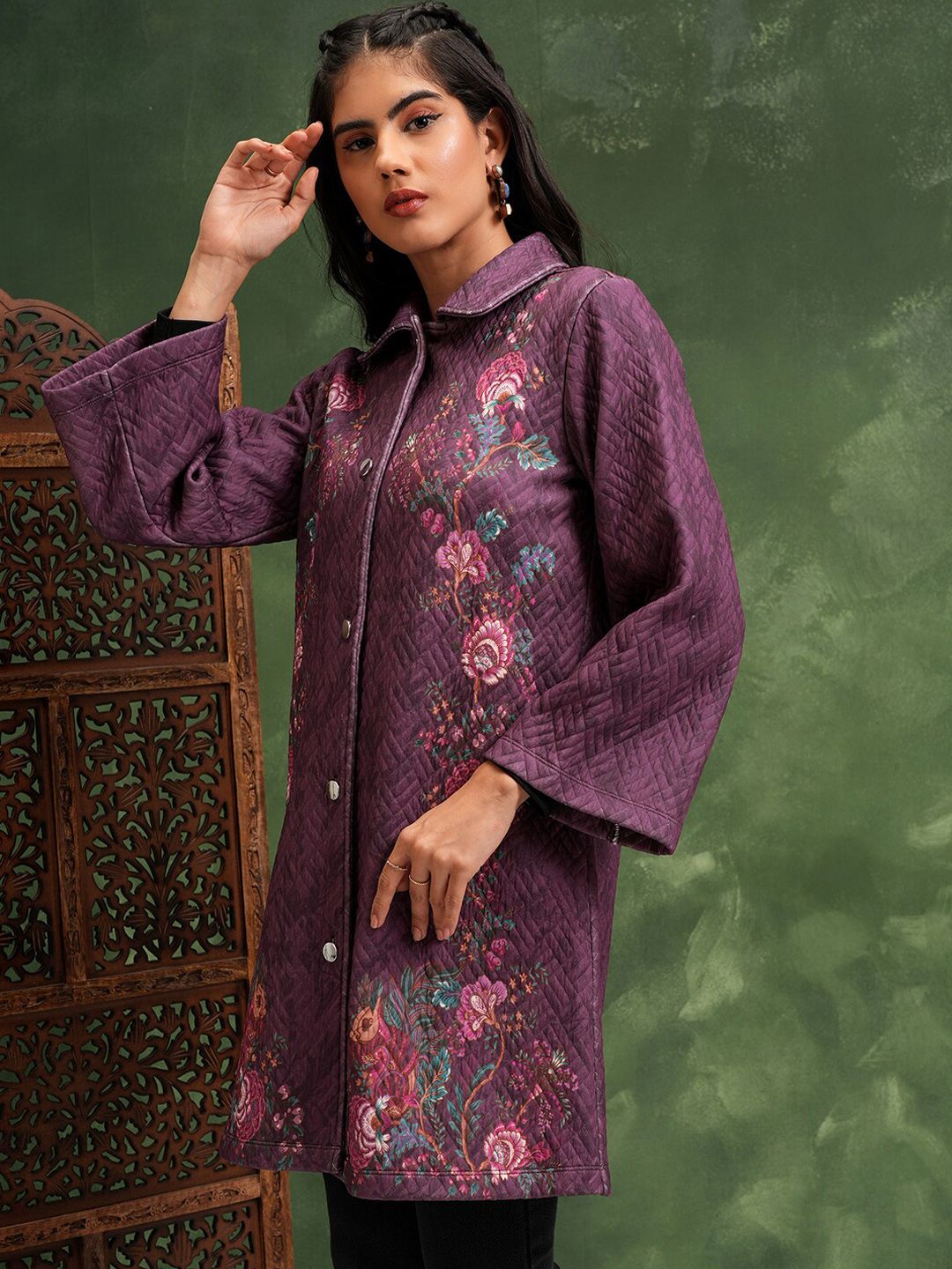 Vishudh Floral Printed Spread Collar Longline Quilted Jacket
