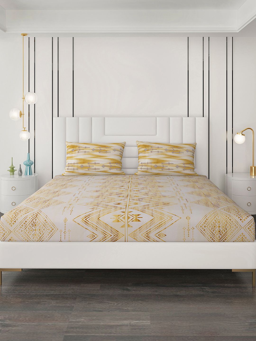 Monte Carlo Yellow & White Geometric Cotton 144 TC Queen Bedsheet With 2 Pillow Covers
