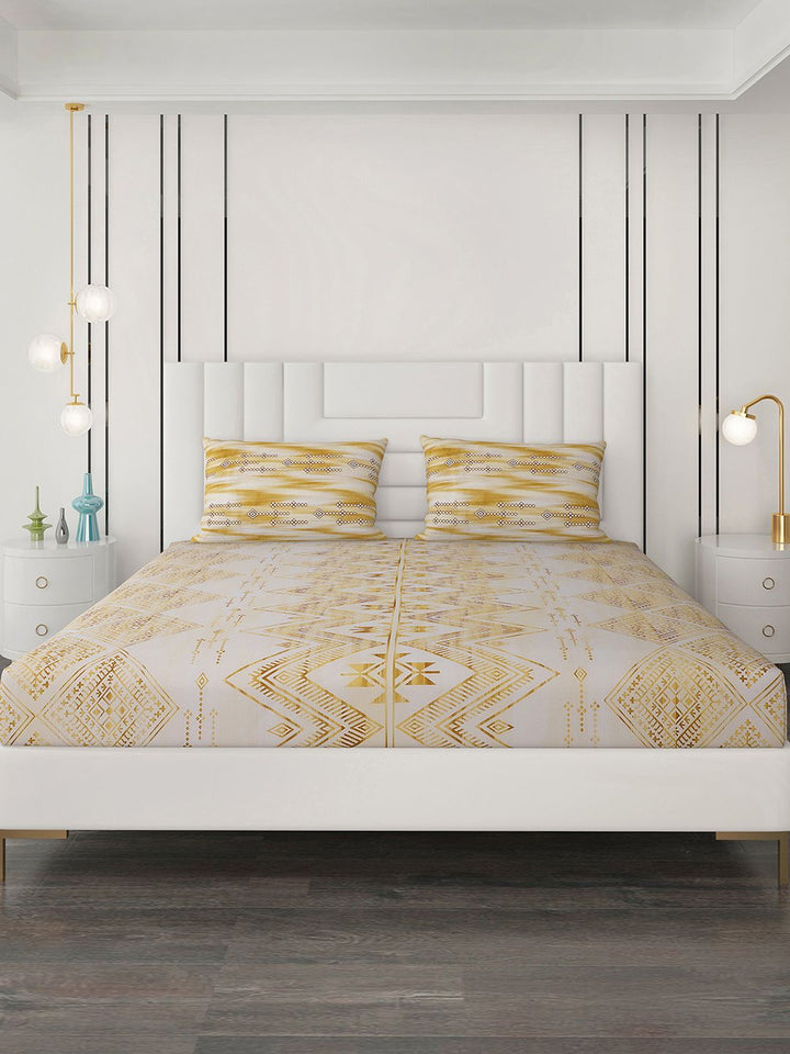 Monte Carlo Yellow & White Geometric Cotton 144 TC Queen Bedsheet With 2 Pillow Covers